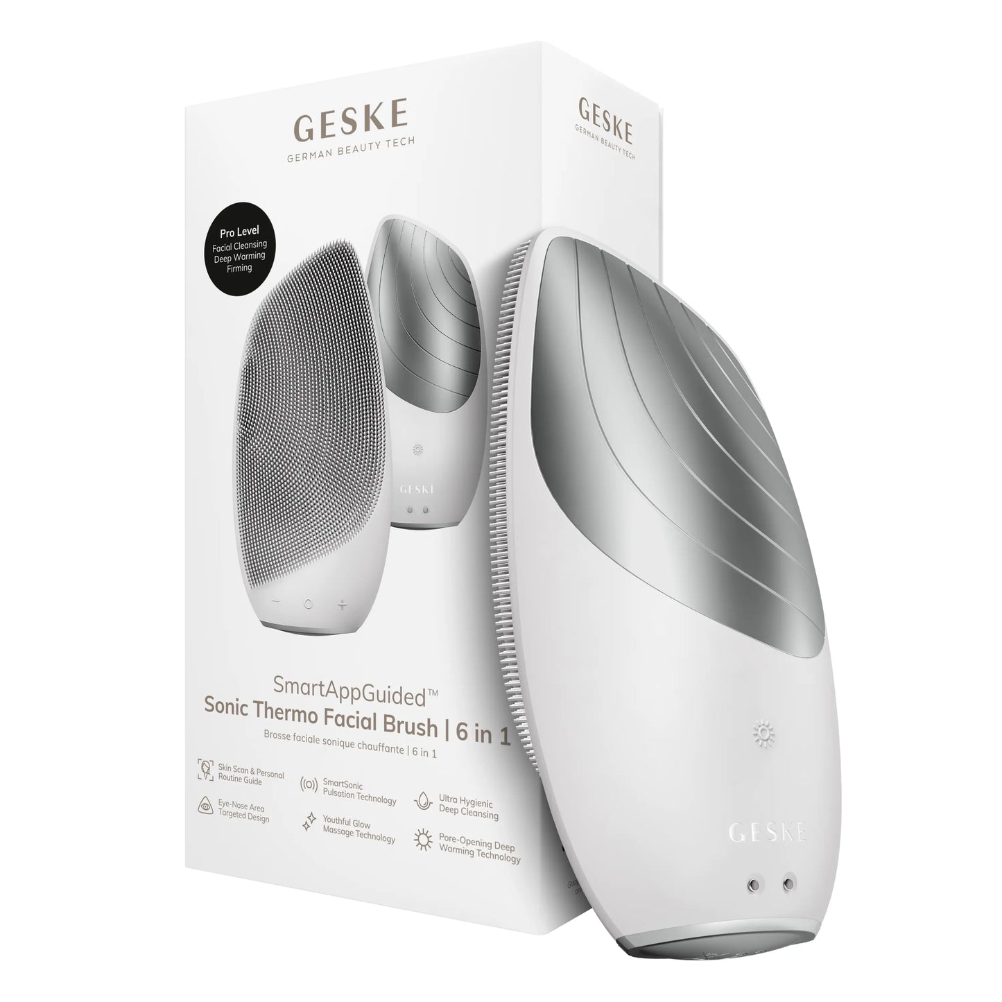 GESKE Smartappguided™ Sonic Thermo Facial Brush | 6 in 1 | Skin Cleansing | Cleansing Brush with Thermal Function | Facial Massager | Electric Facial Brush | Facial Cleansing Device