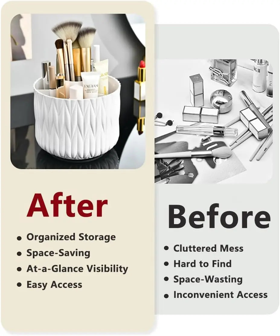 Plastic 360-Degree Rotating Makeup Organizer Box with 7 Compartments, Luxurious Striped Design, Removable Brush Rack, Ideal for Desks, Dressing Tables