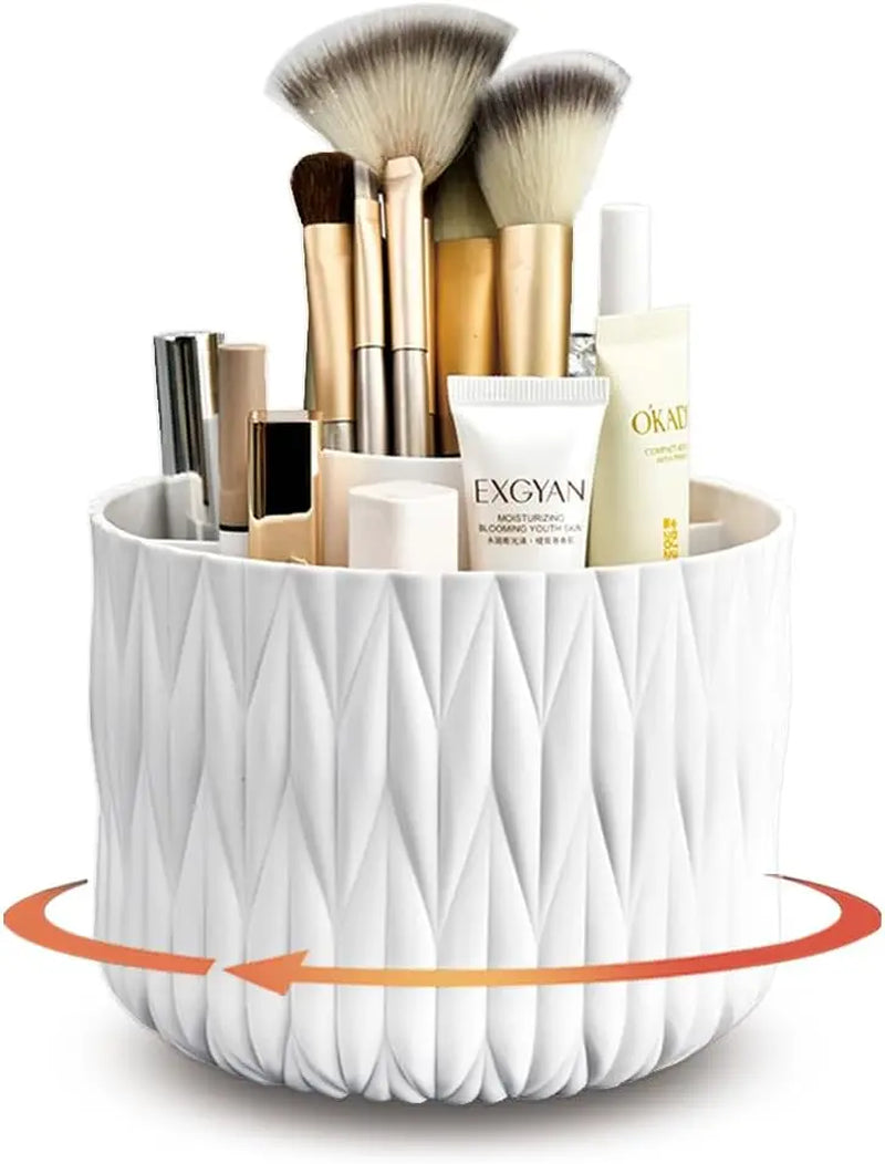 Plastic 360-Degree Rotating Makeup Organizer Box with 7 Compartments, Luxurious Striped Design, Removable Brush Rack, Ideal for Desks, Dressing Tables