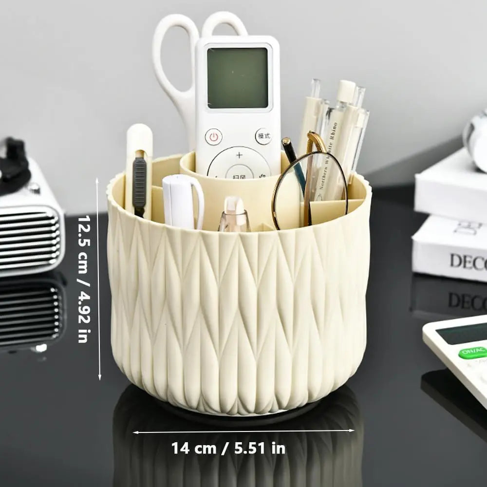 Plastic 360-Degree Rotating Makeup Organizer Box with 7 Compartments, Luxurious Striped Design, Removable Brush Rack, Ideal for Desks, Dressing Tables