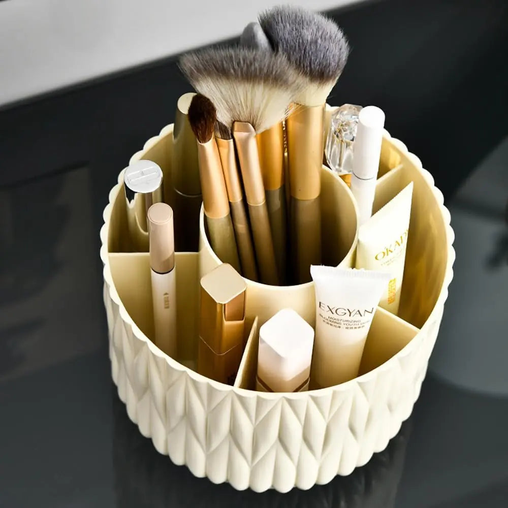 Plastic 360-Degree Rotating Makeup Organizer Box with 7 Compartments, Luxurious Striped Design, Removable Brush Rack, Ideal for Desks, Dressing Tables