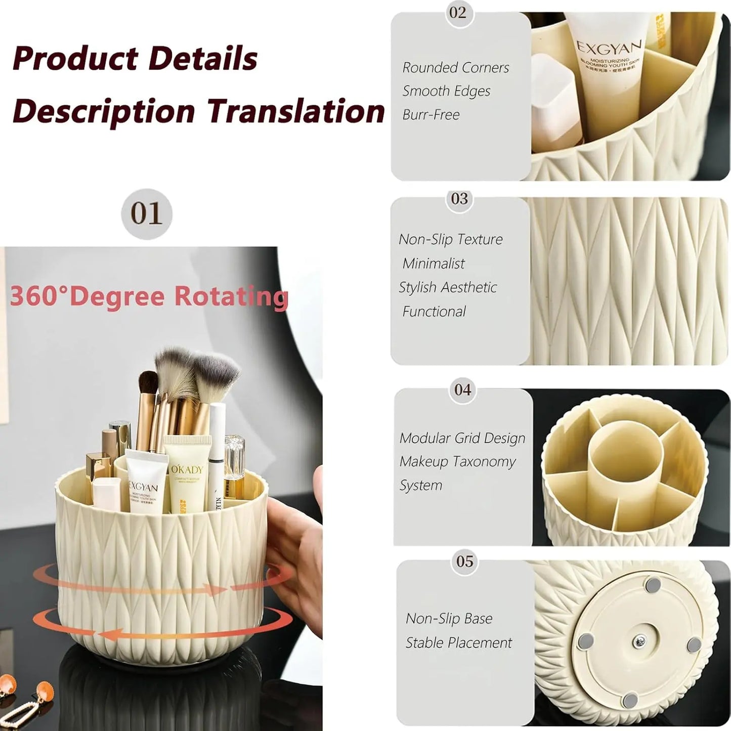 Plastic 360-Degree Rotating Makeup Organizer Box with 7 Compartments, Luxurious Striped Design, Removable Brush Rack, Ideal for Desks, Dressing Tables