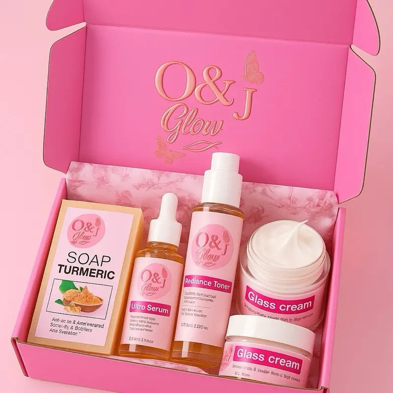 O&J Glow Radiance Skin Care Set with Turmeric Soap, Radiance Toner, Ultra Serum, and Glass Cream for Radiant Skin