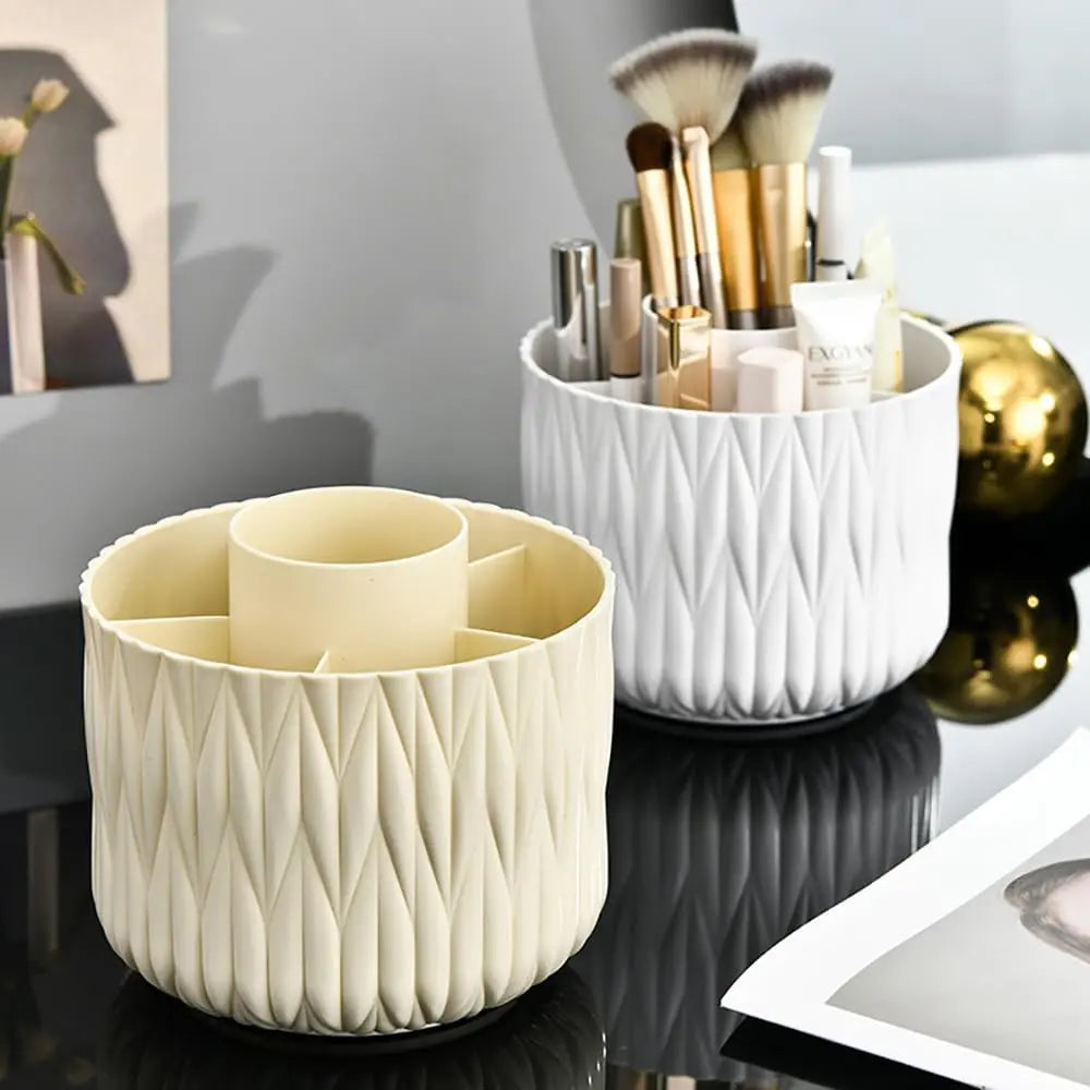 Plastic 360-Degree Rotating Makeup Organizer Box with 7 Compartments, Luxurious Striped Design, Removable Brush Rack, Ideal for Desks, Dressing Tables
