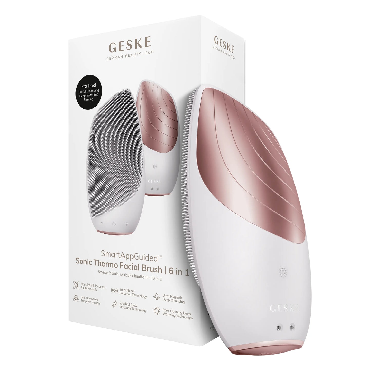 GESKE Smartappguided™ Sonic Thermo Facial Brush | 6 in 1 | Skin Cleansing | Cleansing Brush with Thermal Function | Facial Massager | Electric Facial Brush | Facial Cleansing Device