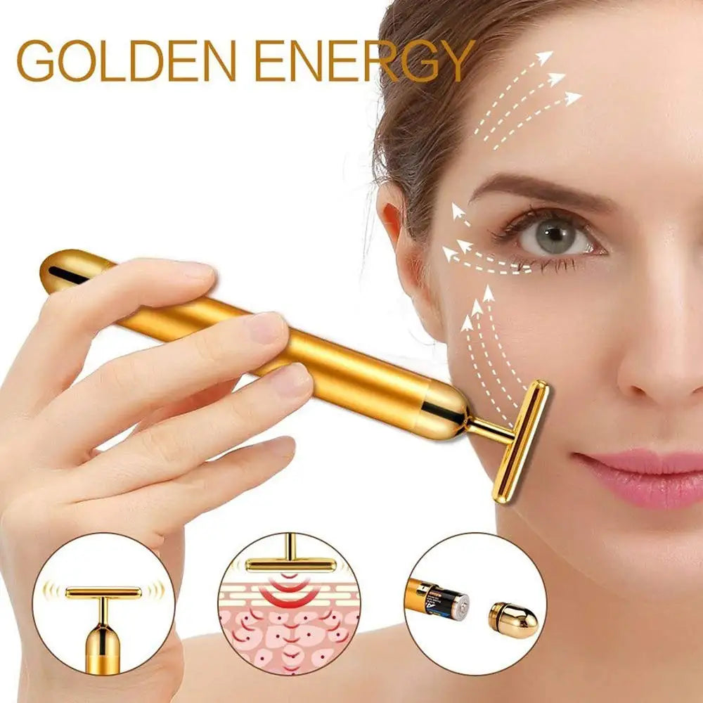24K Gold Face Lift Bar Roller Vibration Slimming Massager Facial Stick Facial Beauty Skin Care T Shaped Vibrating Tool