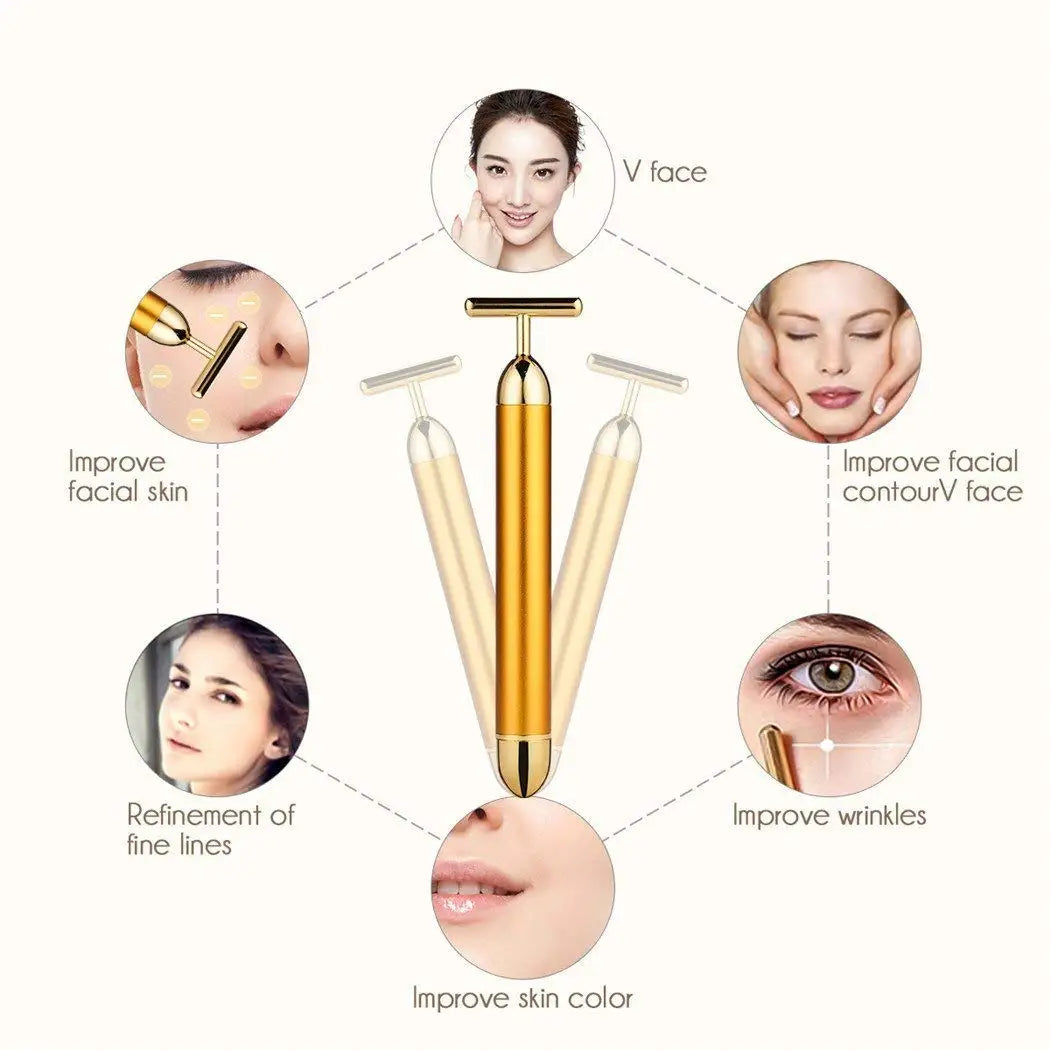 24K Gold Face Lift Bar Roller Vibration Slimming Massager Facial Stick Facial Beauty Skin Care T Shaped Vibrating Tool
