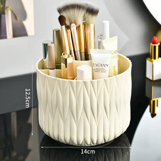 Plastic 360-Degree Rotating Makeup Organizer Box with 7 Compartments, Luxurious Striped Design, Removable Brush Rack, Ideal for Desks, Dressing Tables