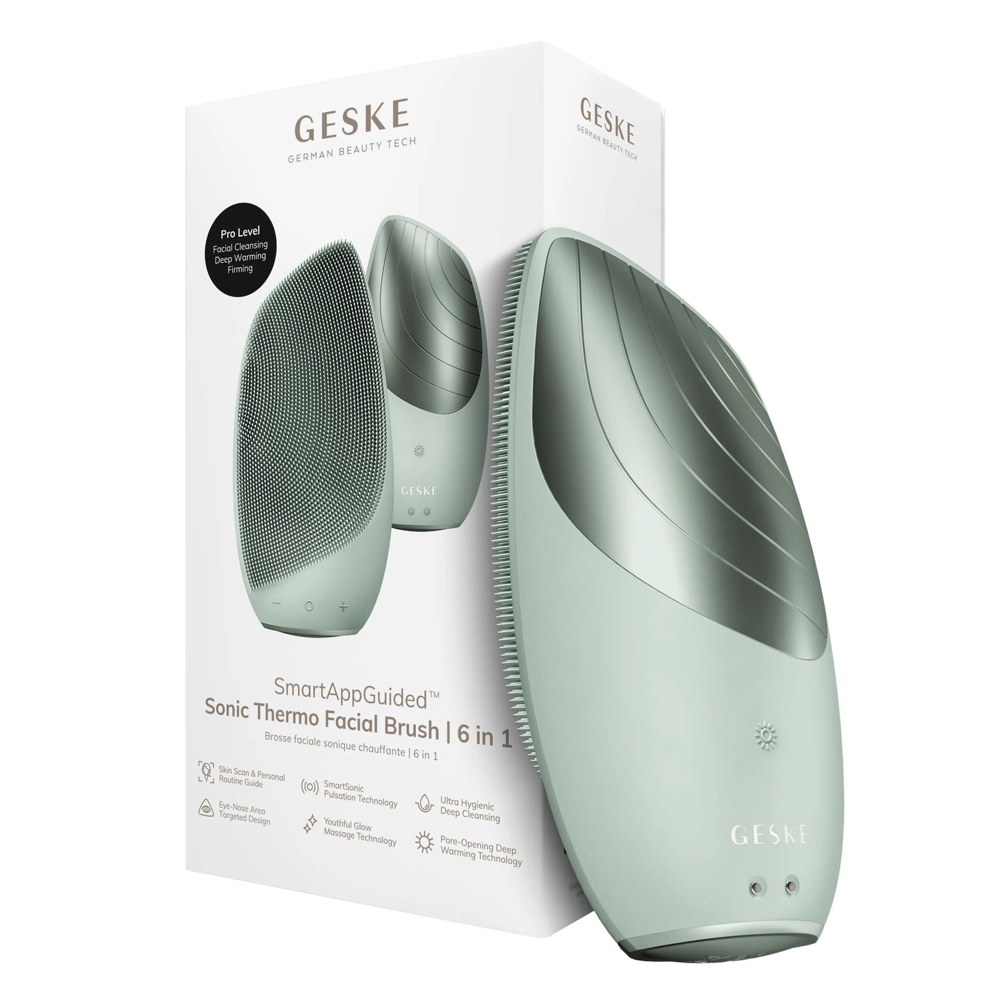 GESKE Smartappguided™ Sonic Thermo Facial Brush | 6 in 1 | Skin Cleansing | Cleansing Brush with Thermal Function | Facial Massager | Electric Facial Brush | Facial Cleansing Device