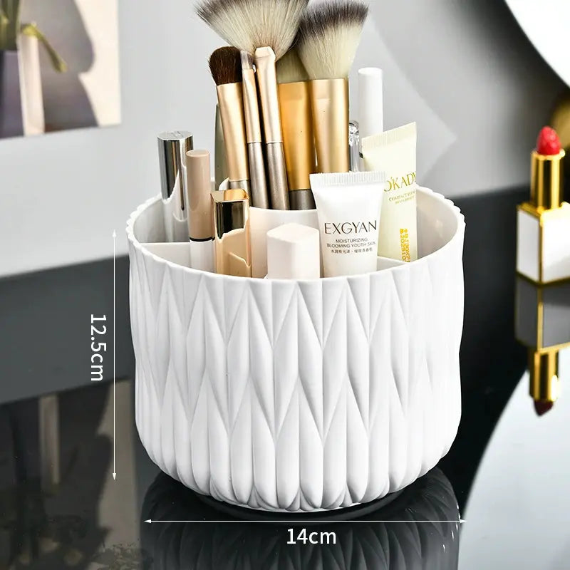 Plastic 360-Degree Rotating Makeup Organizer Box with 7 Compartments, Luxurious Striped Design, Removable Brush Rack, Ideal for Desks, Dressing Tables