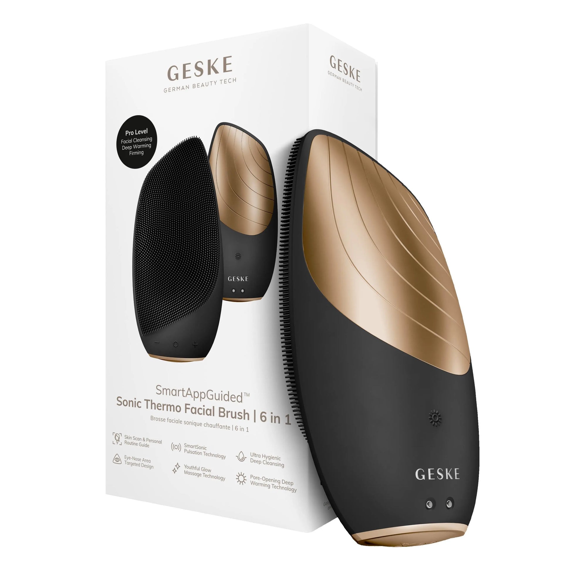 GESKE Smartappguided™ Sonic Thermo Facial Brush | 6 in 1 | Skin Cleansing | Cleansing Brush with Thermal Function | Facial Massager | Electric Facial Brush | Facial Cleansing Device