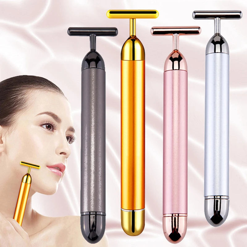 24K Gold Face Lift Bar Roller Vibration Slimming Massager Facial Stick Facial Beauty Skin Care T Shaped Vibrating Tool