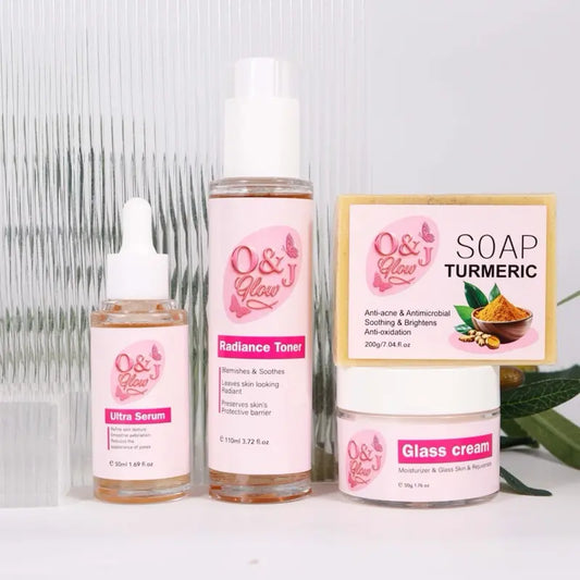 O&J Glow Radiance Skin Care Set with Turmeric Soap, Radiance Toner, Ultra Serum, and Glass Cream for Radiant Skin